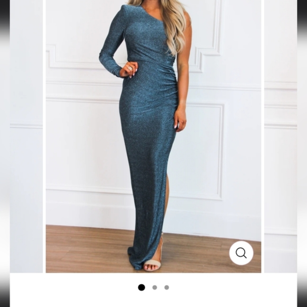 Shimmer Teal 1 sleeve gown high front slit on left, side ruching NEW